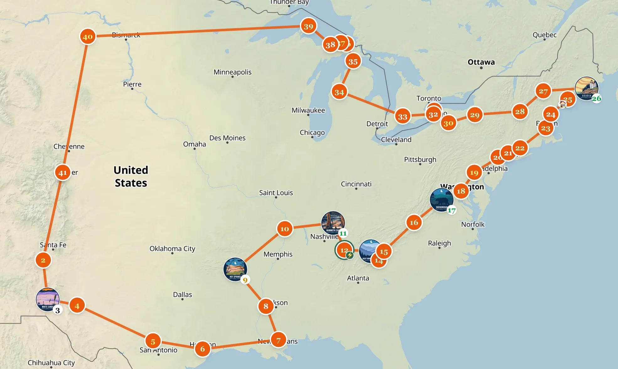 The route as forty numbered stops: south from Colorado to New Mexico, east along the Gulf coast, north up the Appalachians to Maine, west across the Great Lakes, and home across North Dakota