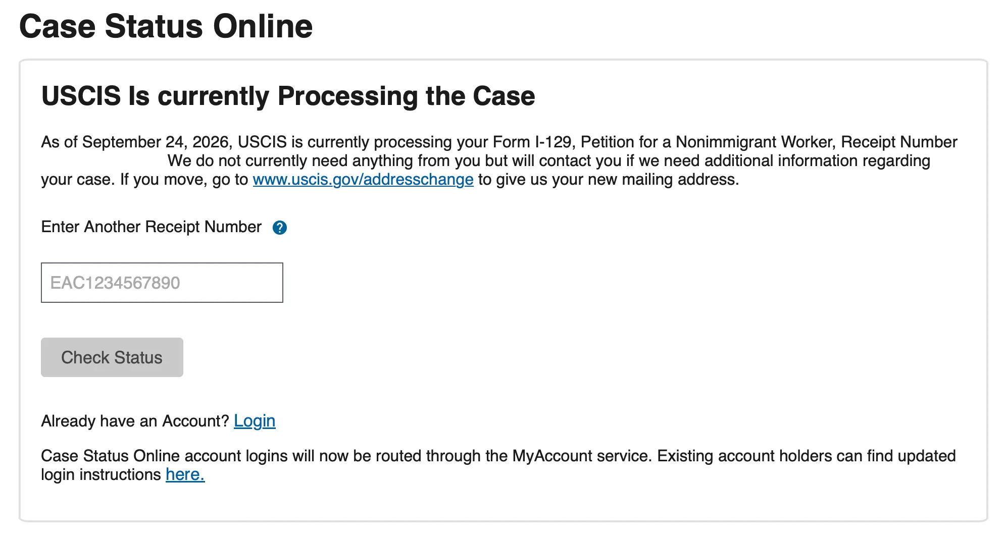 USCIS Case Status Online showing "USCIS Is currently Processing the Case" for a Form I-129 petition, receipt number removed