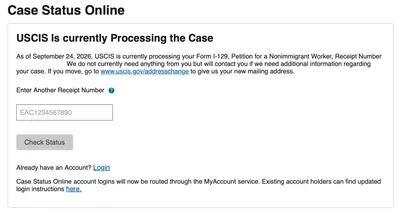 USCIS Case Status Online showing "USCIS Is currently Processing the Case" for a Form I-129 petition, receipt number removed