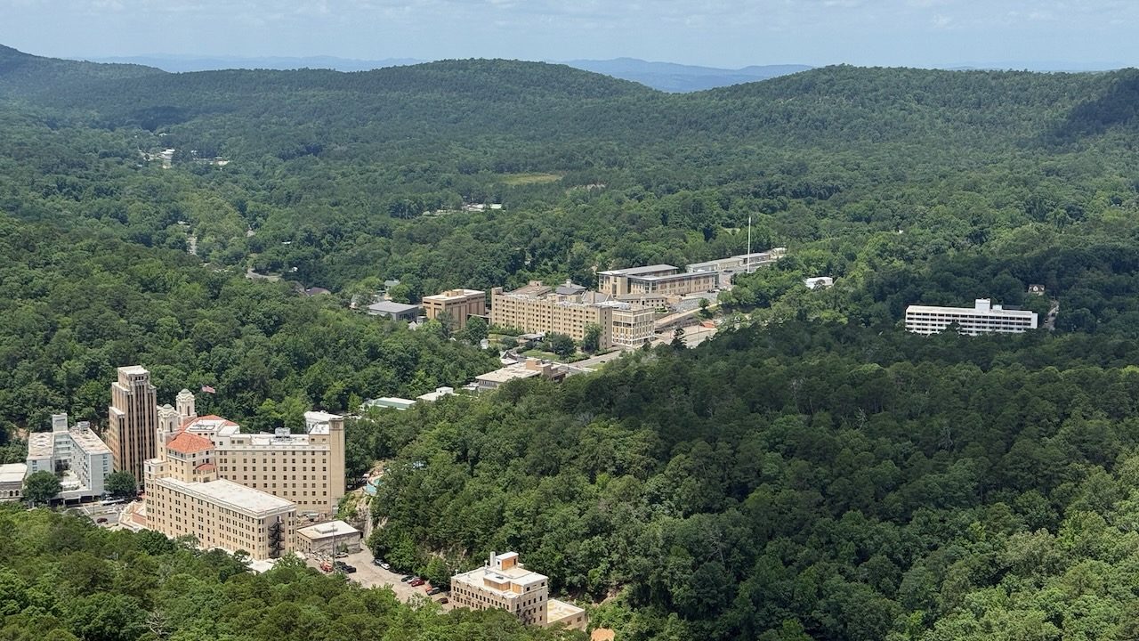 Hot Springs, Arkansas, from above, with the bathhouses along the valley floor