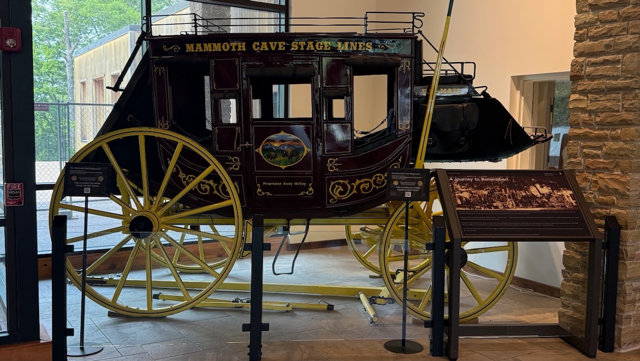 Antique carriage on display inside Mammoth Cave National Park's visitor center