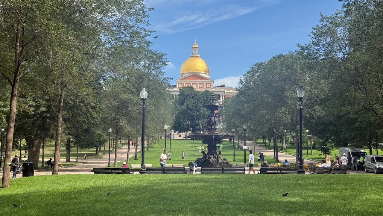 Massachusetts State House gold dome seen from Boston Common
