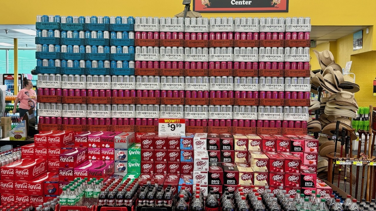 An American flag built out of Monster energy drink cans in a New Mexico store