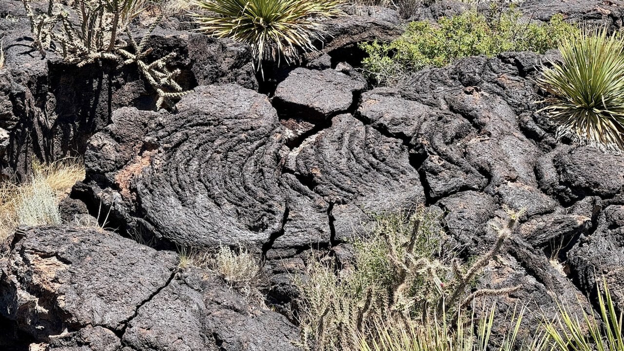Black lava rock field along the New Mexico highway